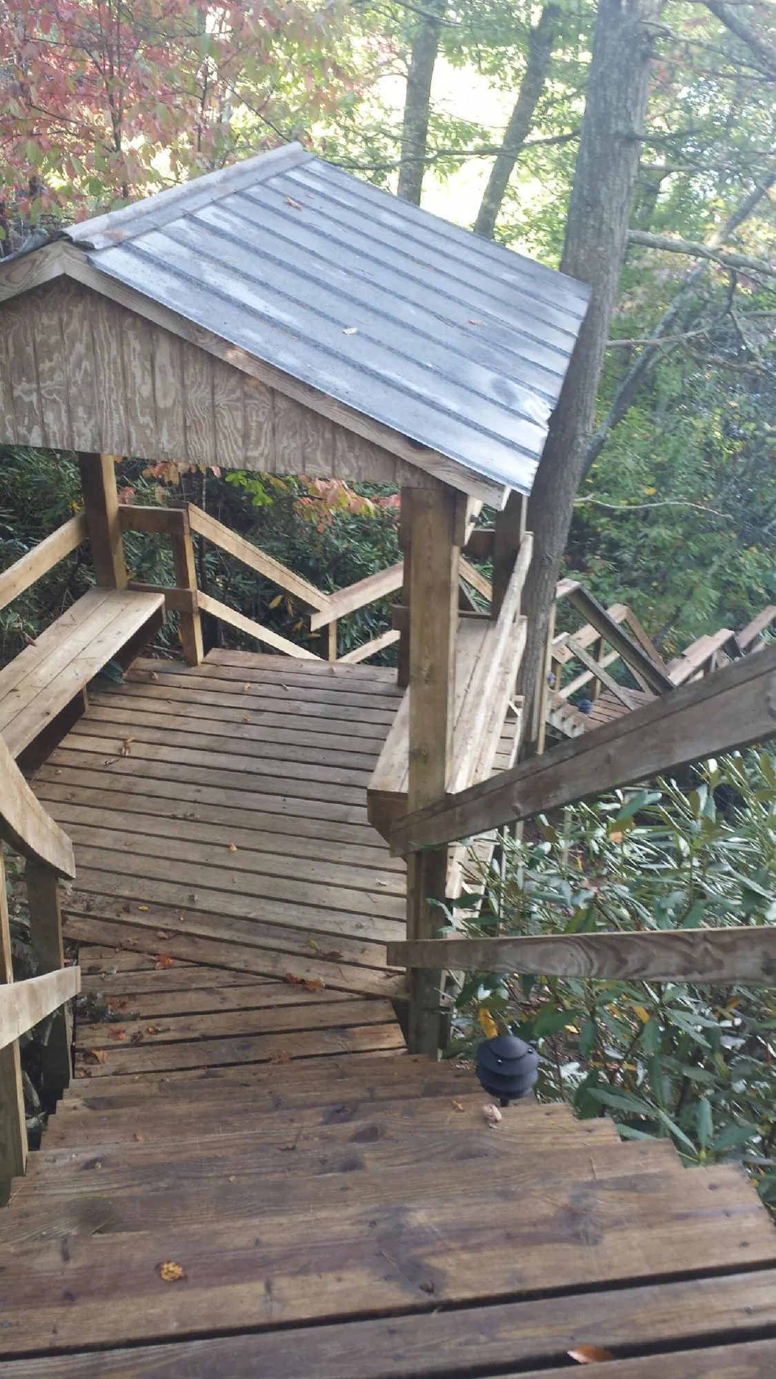 Metal roofed shelter over wooden steps on a wooded walkway — Skylight Repair & Installation work by our crew in Melcroft